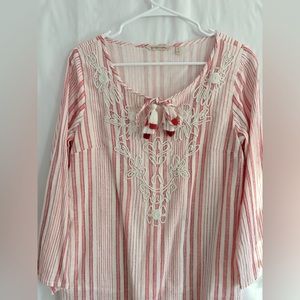 Soft Surroundings Red Orange White Stripe Boho Blouse Tunic Top Size S